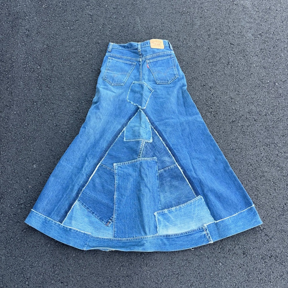 Vintage 70s Levis Patchwork Denim Maxi Skirt Blue High Waisted Boho Waist 27